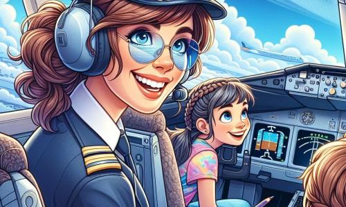 Una piloto mujer, Laura, se encuentra en la cabina de un avión, su rostro radiante de alegría y determinación. Lleva un traje de piloto azul marino, una gorra con un emblema dorado y gafas de sol que reflejan el cielo azul. Sus cabellos castaños están recogidos en una coleta ordenada, y sonríe mientras observa a los niños a través de la ventana de la cabina. Junto a ella, un niño de 10 años, Miguel, con cabello castaño revuelto y gafas, está sentado en su asiento, con los ojos abiertos de asombro. Sostiene un pequeño cuaderno de bocetos en sus manos, listo para dibujar lo que ve. Detrás de ellos, una niña de 9 años, Sofía, con trenzas y una camiseta colorida, mira por la ventana con una gran sonrisa, fascinada por las nubes que parecen algodón de azúcar. La escena se desarrolla en la cabina de un avión moderno, con instrumentos de vuelo brillantes y pantallas luminosas que muestran información de vuelo. Fuera, un cielo azul brillante está salpicado de nubes blancas esponjosas, y se ve el suelo alejándose a medida que ganan altitud. Laura pilota el avión con confianza, mientras los niños, maravillados, descubren la magia de volar, creando una atmósfera de aventura y sueños.