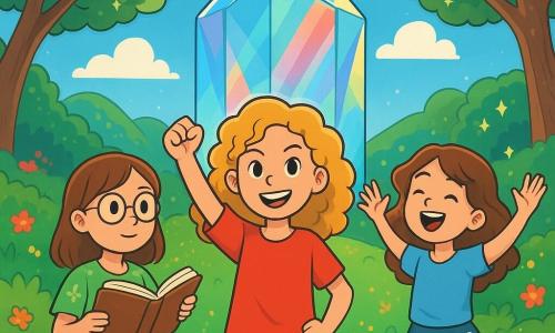 There are 3 characters: - Lila: a brave 9-year-old girl with curly golden hair, wearing a bright red tunic and denim pants. She stands in the center, fist raised, displaying a determined smile. - Maisie: a wise 9-year-old girl with smooth brown hair, wearing round glasses and a green floral dress. She is slightly back, holding an open book, looking focused. - Penny: a dreamy 9-year-old girl with wavy brown hair, wearing a blue t-shirt and a polka dot skirt. She is on the right, arms raised, joyfully singing, surrounded by small sparkling stars. The setting takes place on the Isle of Echoes, an enchanting landscape filled with green hills and colorful flowers. Majestic trees with shimmering leaves surround a clearing where a large crystal structure, the Echo Chamber, reflects rainbow lights. The sky is bright blue, dotted with fluffy clouds. The main scene shows the three girls standing together, ready to enter the Echo Chamber, their faces lit up with excitement and determination. The echoes of their voices blend with the gentle melody of nature, creating a magical and adventurous atmosphere.