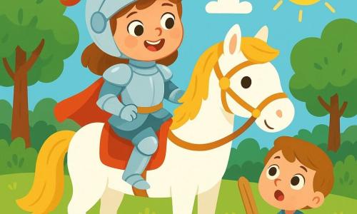 Uma corajosa cavaleira, Luna, se mantém orgulhosamente em seu cavalo branco, Estrela, com uma armadura brilhante que brilha sob o sol. Seu rosto expressa determinação e alegria, com olhos cintilantes e um grande sorriso. Ao seu lado, um jovem garoto de 8 anos, um escudeiro chamado Leo, admira Luna com olhos arregalados, segurando uma espada de madeira, pronto para ajudá-la. Eles estão em uma clareira verdejante, cercada por árvores majestosas e flores coloridas, com um céu azul salpicado de nuvens brancas. A cena principal mostra Luna e Leo se preparando para partir em uma aventura, ouvindo um chamado de ajuda vindo de uma floresta misteriosa, com seus corações batendo de excitação.