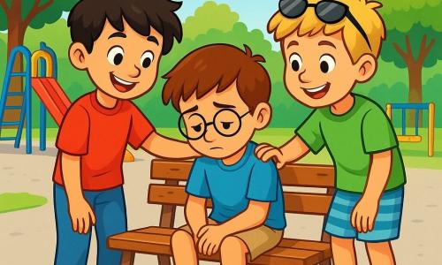 Há 3 personagens: - Lucas: um menino de 9 anos, com cabelos castanhos e óculos redondos. Ele usa uma camiseta azul e um short bege. Está sentado em um banco, parecendo um pouco triste, olhando para os pés. - João: um menino de 9 anos, com cabelos negros bagunçados e um sorriso radiante. Ele usa uma camiseta vermelha e jeans. Está de pé ao lado de Lucas, colocando uma mão reconfortante em seu ombro. - Miguel: um menino de 9 anos, com cabelos loiros e óculos de sol na testa. Ele usa uma camiseta verde e um short listrado. Está um pouco à frente, sorrindo e estendendo a mão para Lucas, convidando-o a brincar. O local é um pátio de escola ensolarado, com árvores verdes ao fundo e brinquedos coloridos como balanços e um escorregador. O chão é de concreto, e desenhos de giz decoram o solo, acrescentando um toque alegre ao ambiente. A situação principal mostra Lucas sentado no banco, parecendo triste, enquanto João e Miguel se aproximam dele com expressões amigáveis. Eles oferecem seu apoio, prontos para convidá-lo a brincar e ajudá-lo a se sentir melhor.