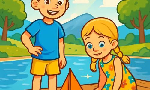 Ein 10-jähriger Junge, Max, mit kastanienbraunen Haaren und strahlenden Augen steht auf einem kleinen Holzsteg am Ufer eines glitzernden Sees. Er trägt ein leuchtend blaues T-Shirt und eine gelbe Shorts, und sein strahlendes Lächeln zeigt seine Aufregung. Neben ihm steht seine 7-jährige Schwester Mia, mit blonden geflochtenen Haaren und einem bunten Blumenkleid, die fasziniert das Sonnenlicht auf dem Wasser betrachtet. Im Hintergrund erstreckt sich eine grüne Landschaft mit majestätischen Bäumen und fernen Bergen unter einem azurblauen Himmel mit flauschigen weißen Wolken. Die Szene ist hell erleuchtet und vermittelt eine fröhliche, sommerliche Stimmung. Max und Mia bereiten ein kleines Holzboot für ein Abenteuer auf dem See vor, ihre Gesichter strahlen vor Vorfreude auf einen Tag voller Entdeckungen und Lachen.