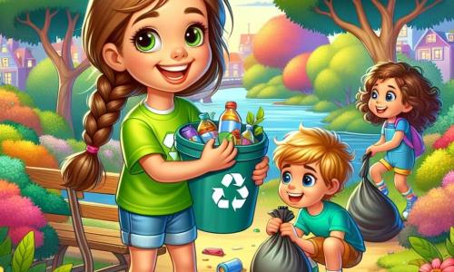O fată de 8 ani, Ana, cu părul lung și brun împletit în două codițe, zâmbește fericită, cu ochii strălucind de hotărâre. Ea poartă un tricou verde aprins și o pereche de pantaloni scurți din denim, ținând în mâini un recipient mare pentru reciclare. Lângă ea, un băiat de 9 ani, Mihai, cu părul blond și un tricou albastru, strânge gunoaie cu o expresie concentrată. Un alt personaj, Ralu, o fată de 8 ani cu părul creț și o rochie colorată, este așezată, adunând flori pentru a decora parc. Locul este un parc verde, plin de copaci mari cu frunze strălucitoare, flori colorate și alei sinuoase acoperite cu frunze aurii. În depărtare, se vede un mic iaz strălucitor sub soare. Situația principală îi arată pe Ana și prietenii ei în acțiune, zâmbind și râzând, în timp ce curăță parc, umplând saci cu gunoaie și discutând cu bucurie despre importanța protejării naturii.