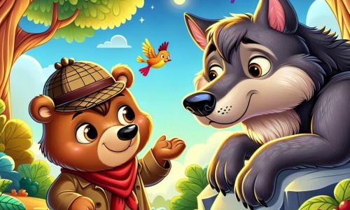 In an enchanted forest, a detective bear named Benny, with soft brown fur and a small detective hat, looks at the big bad wolf with curiosity and compassion. The wolf, with gray fur and bright eyes, appears sad and lost, sitting on a rock, while Benny approaches him with a friendly smile. Surrounding them, majestic trees with vibrant green leaves create a golden light, while colorful birds fly in the blue sky, singing joyful melodies. The scene depicts Benny reaching out to the wolf, ready to help him find his way, illustrating a moment of unexpected understanding and friendship in the heart of the forest.