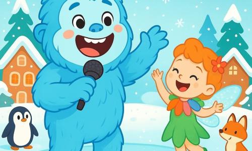 Un yeti alegre y peludo, con pelaje azul y mejillas rosas, canta entusiasmado en un escenario de hielo brillante. Sus grandes ojos brillan de emoción y una amplia sonrisa muestra sus dientes blancos. A su lado, una pequeña hada llamada Lila, con alas brillantes y una bufanda de pétalos coloridos, vuela girando, con los brazos levantados, animando al yeti a cantar aún más fuerte. El fondo es un pueblo nevado, con casas de jengibre y árboles cubiertos de nieve, donde copos de nieve bailan en el aire. Al fondo, animales curiosos, como pingüinos y zorros, observan el espectáculo con expresiones divertidas. La escena muestra al yeti y a Lila cantando juntos, llenando el aire de música alegre y risas, mientras los habitantes del pueblo se acercan, intrigados y divertidos por esta actuación colorida y festiva.