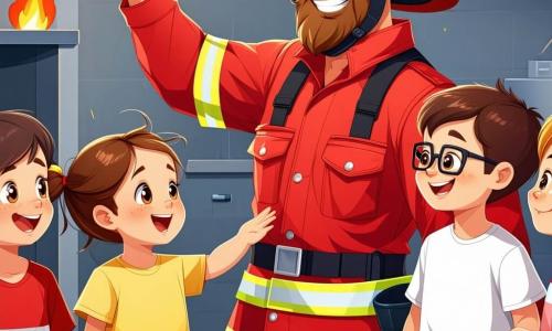Un pompier, un bărbat de aproximativ treize ani, cu barbă brună și ochi strălucitori de bucurie, poartă o uniformă roșie aprinsă și o cască strălucitoare. Zâmbește larg în timp ce le arată copiilor cum să folosească un stingător, având o postură dinamică și angajantă. Lângă el, o fetiță de 8 ani, cu părul blond împletit și un tricou galben, își ridică mâna cu entuziasm, pregătită să pună o întrebare. Este plină de energie și îl privește pe pompier cu admirație. Un băiat de 9 ani, cu ochelari și păr castaniu, stă puțin mai retras, observând atent în timp ce ține un mic stingător din plastic, având un aer concentrat și curios. Scena are loc într-o stație de pompieri colorată, cu un camion roșu mare parcat în fundal, unelte de pompieri atârnate pe pereți și afișe educaționale despre siguranța la incendiu. Situația principală arată pompierul explicând copiilor cum să reacționeze în caz de incendiu, înconjurat de râsete și entuziasm, în timp ce învață distrându-se.