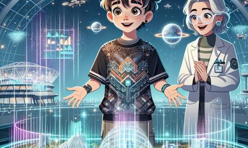 Ein 11-jähriger Junge namens Finn steht im Zentrum des Bildes, mit zerzausten braunen Haaren und neugierigen, leuchtenden Augen. Er trägt ein futuristisches T-Shirt mit geometrischen Mustern und leichte Stoffhosen und schaut fasziniert auf einen großen holographischen Bildschirm, der Bilder der Stadt projiziert. Neben ihm steht Professorin Aria, eine etwa 35-jährige Frau mit langen, lockigen Haaren, die eine weiße Bluse und futuristische Brille trägt, und lächelt, während sie ihm leuchtende Grafiken auf dem Bildschirm zeigt. Im Hintergrund sieht man das Technikum, ein modernes Gebäude aus Glas und Metall, mit funkelnden Lichtern und Solarpanels, umgeben von hängenden Gärten und Drohnen, die herumschwirren. Die Szene zeigt Finn, der den VirtuX-Simulator erkundet, einen immersiven Raum, in dem er die Technologien seiner Stadt entdeckt und von der futuristischen Schönheit seiner Umgebung begeistert ist.