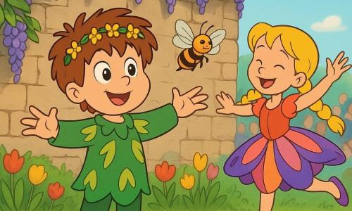 Ein 8-jähriger Junge, glücklich und erstaunt, rundes Gesicht, struppige kastanienbraune Haare, große leuchtende Augen, grünes Kostüm mit gelben Blättern und kleiner Blumenkrone, er steht mittig, streckt die Arme wie eine Sonne aus und lächelt eine Biene an. Ein 8-jähriges Mädchen (Lena), fröhlich und leicht, blonde Zöpfe, buntes Kleid wie ein Schmetterling, sie wirbelt rechts etwas vor ihm im Tanz. Eine echte kleine pelzige Biene mit schwarz-gelben Streifen und durchscheinenden, in der Sonne glänzenden Flügeln fliegt knapp über dem Jungen in Gesichtsnähe. Eine alte Steinmauer, überrankt von hängender violetter Glyzine mit traubenförmigen Blüten und glänzenden grünen Blättern; zu ihren Füßen ein kleiner Garten mit frischem Gras und bunten Tulpen. Szene: kleines Frühlingsstück bei Tageslicht, warmes Licht, kostümierte Kinder auf einer improvisierten Bühne vor der Blumenwand, heitere Stimmung, satte Farben, weiche abgerundete Konturen, leichte Vogelperspektive mit unscharfem Publikum im Hintergrund.