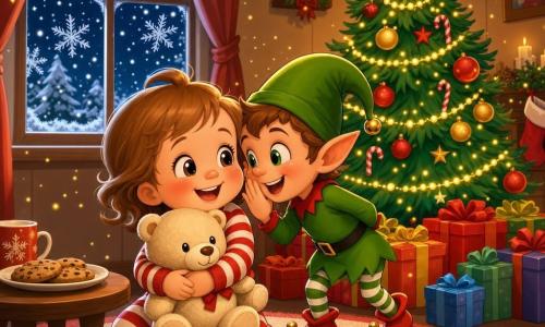 Two-year-old Mia, joyful with a round face, rosy cheeks, bright eyes and light brown hair, hugs a cream teddy while wearing red-and-white striped pajamas; the mischievous, bouncy elf Jingle, with a crooked green pointed hat, shiny red squeaky shoes and a sly grin, leans near the base of a lush Christmas tree decorated with red and gold baubles, warm lights and a bright star, surrounded by colorful presents; a frosted window shows falling snow outside, a plate of cookies sits on a small wooden table and pine needles lie on the carpet as golden glitter drifts around them in a warm, cozy, vividly lit scene.