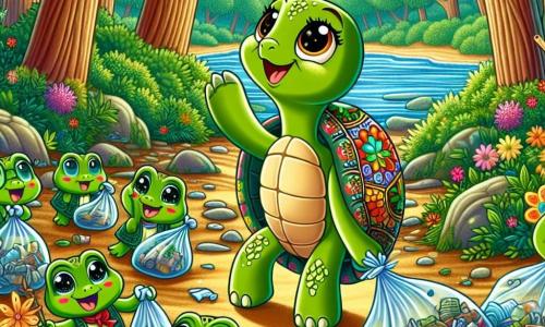 Un pequeño personaje, una tortuga con un caparazón colorido adornado con motivos florales, expresa una gran alegría y una determinación radiante. Se encuentra en el centro de la escena, levantando una pata en el aire, rodeada de basura que acaba de recoger en el bosque. A su izquierda, un grupo de pequeñas ranas verdes con ojos brillantes, saltando con entusiasmo, sostiene bolsas de plástico llenas de desechos. Muestran sonrisas deslumbrantes, listas para ayudar a su amiga. El decorado se desarrolla en un bosque verde, donde majestuosos árboles con hojas brillantes de verde se elevan hacia el cielo. Flores coloridas salpican el suelo, y un arroyo cristalino serpentea a través del paisaje, reflejando la luz del sol. La situación principal muestra a la tortuga y sus amigos en plena acción, organizando un gran día de limpieza, uniendo sus fuerzas para hacer su bosque más hermoso y limpio, mientras celebran la magia de la naturaleza.