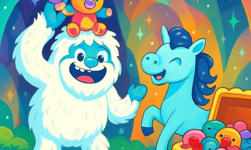 Un yeti alegre y travieso, con pelaje blanco y esponjoso, ojos chispeantes de picardía y una gran sonrisa, se encuentra en el centro de la escena, llevando un peluche colorido en la cabeza. A su lado, un caballo azul celeste, con una melena brillante como estrellas, baila alegremente, mostrando una expresión divertida y cómplice. La escena tiene lugar en una cueva mágica con paredes brillantes, donde los colores cambian como un arcoíris, y el suelo está cubierto de suave musgo y burbujas resplandecientes. Efectos de luz se reflejan en las paredes, creando una atmósfera de cuento de hadas y diversión. El yeti y el caballo se divierten juntos, riendo a carcajadas mientras descubren un cofre gigante en forma de galleta, desbordante de narices de payaso y peluches coloridos, listos para vivir una aventura hilarante.