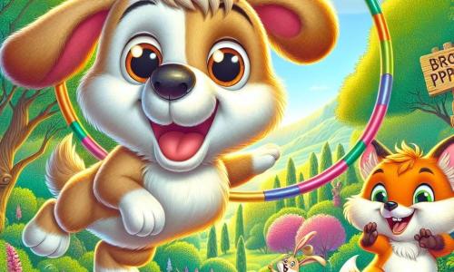 Un cane gioioso di nome Pippo, con un pelo marrone chiaro e grandi orecchie pendenti, salta attraverso un cerchio colorato con un grande sorriso, i suoi occhi brillano di eccitazione. Accanto a lui, un coniglietto bianco di nome Gigi, con grandi zampe e occhi luminosi, applaude saltellando, mentre una volpe astuta, Lalla, con un pelo arancione vivo e una coda folta, ride tenendo un cartello "Bravo Pippo!" tra le zampe. Sullo sfondo, un meraviglioso bosco incantato si estende, con alberi dalle foglie verdi brillanti, fiori colorati e raggi di sole che filtrano tra i rami. La scena mostra Pippo che si lancia gioiosamente nell'aria, pronto a saltare attraverso il cerchio, mentre i suoi amici lo incoraggiano con entusiasmo, creando un'atmosfera di camaraderie e festa.