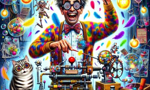 Un uomo, Tobia Tapparella, è al centro dell'immagine. Ha i capelli arruffati, occhiali rotondi e indossa una camicia a quadri piena di macchie colorate. Il suo viso esprime una gioia travolgente e un'eccitazione palpabile mentre regola la sua Macchine per Far Ridere i Gatti, un apparecchio stravagante pieno di luci lampeggianti e piume colorate. Accanto a lui, Piumina, la sua gatta dagli occhi scintillanti e dal pelo tigrato, osserva la macchina con curiosità, pronta a divertirsi. Lo sfondo è quello di un laboratorio disordinato, pieno di gadget strani, scatole degli attrezzi, fogli sparsi e bottiglie dai colori vivaci. Bolle di sapone fluttuano nell'aria, aggiungendo un tocco di magia alla scena. La situazione principale mostra Tobia mentre preme un grosso pulsante rosso sulla sua macchina, mentre piume volano nell'aria e risate risuonano attorno a loro, creando un'atmosfera gioiosa e ludica.