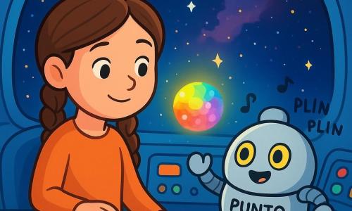 Una donna di nome Livia, con i capelli castani intrecciati e occhi calmi come un lago, è seduta nel cockpit della sua astronave blu, la Nuvola Serena. Sorride dolcemente e guarda con meraviglia una piccola sfera luminosa fluttuante, piena di colori cangianti, che brilla come una stella. Accanto a lei, un robot rotondo e argentato di nome Punto, con occhi luminosi e un'espressione gioiosa, danza leggermente emettendo suoni di 