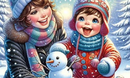Un niño pequeño de 1 año, con cabello castaño desordenado y grandes ojos brillantes, está jugando en la nieve. Lleva un traje rojo brillante con un gorro de lana azul, y su rostro está iluminado por una sonrisa alegre, expresando su asombro ante la nieve. A su lado, su mamá, una mujer de unos 30 años, con cabello castaño recogido en un moño, lleva un abrigo negro y una bufanda colorida. Está agachada, ayudando a Lucas a hacer un muñeco de nieve, su rostro radiante de ternura y felicidad. El escenario es un jardín invernal, cubierto de una gruesa capa de nieve brillante bajo el sol. Árboles con ramas cargadas de nieve se alzan al fondo, y copos de nieve caen suavemente del cielo azul. La escena principal muestra a Lucas lanzando una bola de nieve al aire, mientras su mamá lo anima con una gran sonrisa, creando un momento lleno de alegría y diversión invernal.