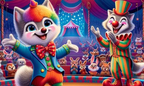 Al centro dell'immagine c'è un piccolo lupo di nome Lupoletto, con un morbido pelo grigio e occhi brillanti di curiosità, che indossa un costume da clown colorato con un grande naso rosso e una parrucca multicolore. Sta danzando gioiosamente sulla pista del circo, con un grande sorriso che illumina il suo volto, mentre fa gesti comici per intrattenere il pubblico. A destra, Giocoliero, il clown dai capelli arruffati e dal naso rosso, ride di cuore, vestito con un costume a righe vivaci, applaudendo Lupoletto con entusiasmo. Sullo sfondo, il circo è decorato con grandi tende colorate e luci scintillanti che creano un'atmosfera magica e festosa. Animali della foresta, come conigli e uccelli, sono seduti su panchine, guardando con meraviglia lo spettacolo. La scena principale mostra Lupoletto in una performance, eseguendo una danza goffa ma gioiosa, mentre il pubblico ride e applaude, creando un'atmosfera di felicità e magia sotto il grande tendone.