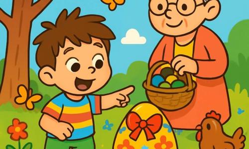 Um menino de 4 anos, chamado Pedrinho, com cabelos castanhos bagunçados e olhos cheios de curiosidade, está no meio de um jardim ensolarado, seu rosto radiante de excitação e surpresa. Ele usa uma camisa listrada colorida e botinhas azuis, enquanto aponta para um enorme ovo de Páscoa brilhante, decorado com padrões florais vibrantes. Ao lado dele, sua avó, uma mulher doce de cerca de 65 anos, com cabelos grisalhos presos e óculos redondos, sorri calorosamente enquanto segura uma cesta cheia de pequenos ovos de chocolate. O jardim está repleto de flores coloridas, borboletas dançantes e galinhas bicando o chão, criando uma atmosfera alegre e festiva. Ao fundo, uma grande árvore sombreada oferece um refúgio pacífico, enquanto o céu é de um azul brilhante salpicado de algumas nuvens brancas fofas. A cena principal mostra Pedrinho descobrindo o ovo de Páscoa gigante, com um olhar maravilhado, pronto para seguir a travessa papoula que se escondeu entre as flores, deixando para trás uma trilha de pétalas coloridas.