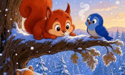 Um pequeno esquilo chamado Pingo, expressivo e curioso, rosto redondo, olhos grandes e brilhantes e pelo ruivo fofo, com as patas dianteiras numa rama coberta de neve tocando delicadamente um floco com o nariz, ar maravilhado e sorriso tímido; um passarinho azul, pequeno e redondo, pousado na mesma rama, olhar meigo, plumagem lisa e soltando vapor pelo bico como se cantasse; no solo, uma raposa de pelúcia abandonada, coberta por uma fina camada de neve, laranja pálida, junto ao tronco; cena numa rama larga e texturada com casca castanha e folhas geadas, fundo de floresta nevada com silhuetas azuladas de árvores e colinas suaves sob um céu pálido; primeira neve com flocos grandes e fofos, luz suave do fim de tarde, ambiente calmo, mágico e acolhedor apesar do frio.