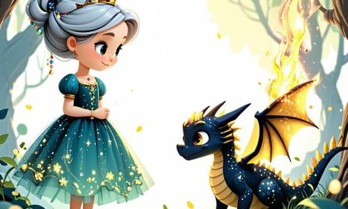 Princess Elara, a 12-year-old girl, stands in the center of an enchanted garden, her silver hair gently flowing in the wind. She wears a sparkling dress adorned with luminescent flower patterns, her face radiating courageous determination and sweet curiosity. Beside her, a small dragon with golden scales named Flamme watches her with sparkling eyes, its delicate wings folded against its body. In the background, an old sage, a middle-aged man with a long white beard and a cloak embroidered with ancient runes, stands near a majestic tree, leafing through a book of magic. The garden is a fairy-tale place filled with colorful flowers that shine under the moonlight, with paths paved with sparkling stones and whispering fountains. Fireflies dance around them, adding a touch of magic to the atmosphere. The main scene shows Elara, determined, studying an ancient map she holds in her hands, searching for the way to the mysterious Vault of Echoes, while Flamme prepares to accompany her on this thrilling adventure.