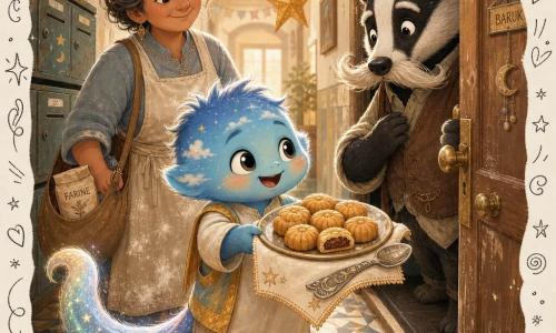 Lumo, personaje principal: pequeño ser infantil de piel cambiante que refleja el cielo, pelaje suave, cola brillante, rostro redondo y ojos curiosos, expresión alegre, sostiene un platito con seis mini maamoul rellenos de pasta de dátiles y una vieja cuchara metálica grabada; Zafra, adulto cuidador similar a humano con rasgos suaves, delantal claro con manchas de harina, mirada benigna, se sitúa detrás de Lumo con una bolsa que contiene harina; Baruk, vecino tejón con grandes bigotes y chaleco viejo, abre la puerta semioscura sorprendido y luego aliviado, mirando el plato con emoción; lugar: pasillo cálido de edificio con suelo geométrico, buzones de metal gastado y luz dorada matinal que entra por una claraboya, guirnaldas y estrella de papel en el techo; situación: Lumo y Zafra ofrecen en el umbral un pequeño bandeja de pasteles caseros en gesto humilde y alegre, foco en las miradas y la bandeja luminosa, tonos cálidos y ambiente de compartir festivo.