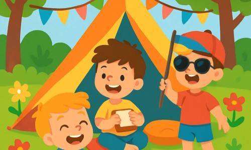 There are three characters: Max, an 8-year-old boy with messy brown hair and a yellow t-shirt, sitting on a cushion inside the tent, smiling and holding a sandwich; Leo, a 7-year-old boy wearing a red hat and sunglasses, standing at the tent entrance with a colorful flag he made; and Ben, an 8-year-old boy with blonde hair and a blue t-shirt, lying on the tent floor, surrounded by paper decorations, laughing with his friends. The setting is a lush garden filled with colorful flowers and majestic trees, featuring a large brightly colored tent with soft cushions inside. Paper garlands float above, adding a festive touch. The main scene shows the three friends enjoying a joyful picnic in their summer tent, laughing together, surrounded by tasty snacks, and relishing their sunny day filled with happiness and friendship.