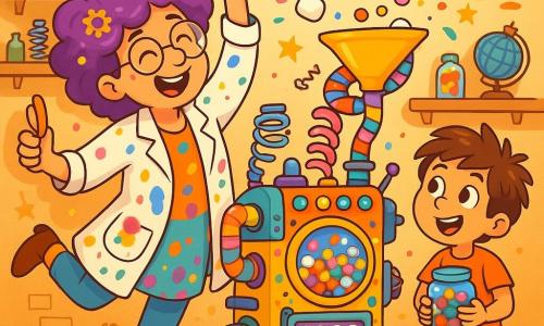 Penelope Pufflewhisk, a woman with vibrant purple hair adorned with small gears, is joyfully dancing in her workshop, her face beaming with excitement. She wears a colorful lab coat splattered with paint and candy, holding a wooden spatula, ready to add a magical touch to her machine. Beside her, an 8-year-old boy with messy brown hair and sparkling eyes watches in wonder the Candyfier 9000, a whimsical, colorful machine full of blinking lights and spiraled tubes. He holds a jar of candy, eager to make a special request. Penelope's workshop is a creative chaos, with shelves filled with jars of candy, plans scattered on the floor, and shiny tools glinting in the light. Bright colors and sweet scents fill the air, creating a joyful and playful atmosphere. The main scene shows Penelope tossing a mix of candies into her machine, while clouds of colorful confetti and marshmallows escape from the Candyfier 9000, eliciting laughter from the boy and filling the workshop with a festive, magical vibe.