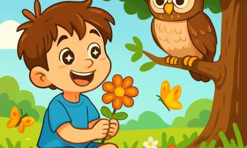 A 6-year-old boy named Oliver, with messy brown hair and bright star-like eyes, is sitting in a lush meadow, a wide smile lighting up his face. He is wearing a blue t-shirt and denim shorts, his small hands gently holding a colorful flower that he admires in wonder. Nearby, a wise old owl, with brown feathers and large round eyes, is perched on a branch of a majestic oak tree. It looks at Oliver kindly, ready to share its wisdom. The setting is a sunny meadow dotted with vibrant flowers of all colors, where the wind makes the tall grass dance. Colorful butterflies flutter around, adding a touch of magic to the environment. The main scene shows Oliver asking the owl a question, his face glowing with curiosity and enthusiasm, while the owl, looking wise, prepares to give him advice on happiness.