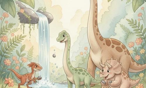 A smiling, wide-eyed young diplodocus with pale green speckled skin, long thin legs and a very long neck tilts its head toward a sparkling waterfall as it tosses a small shiny pebble into crystal-clear water; to its right Tilly the triceratops, round and sturdy with rosy-beige armor and three short horns, excitedly holds a pebble in her front feet; behind them Benny the towering, calm brachiosaur with a massive neck and brown spots stands with a raised leg as if protecting the group; to the left Max the small, nimble velociraptor with reddish plumage and mischievous eyes crouches at the pool edge ready to leap, holding a pebble in his claw; the scene is a lush valley carpeted with ferns and colorful flowers, glossy rocks around a clear pool, a thin sparkling waterfall, soft mist and sunbeams through giant leaves, as the four friends make a wish by throwing pebbles and send up glints of light and tiny water sparks amid expressions of wonder and shared friendship.