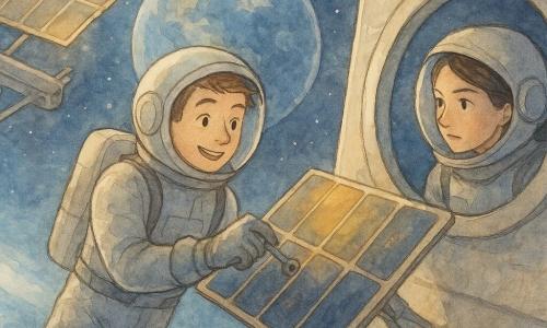 A young male astronaut named Theo, with a smiling face and sparkling eyes, floats in space. He wears a gray spacesuit and gently holds a repair tool. Next to him, a female astronaut named Maya, in her thirties, watches attentively from inside the space station through a large round window. She has tied brown hair and a focused expression. The scene takes place outside a space station, with metallic solar panels glistening in the sunlight. Earth appears in the background, a majestic blue and white sphere. Theo is repairing a solar panel, which seems timid and slightly folded, with golden reflections of the sun on its surface.