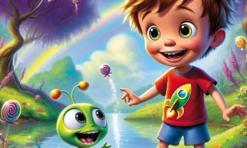 Ein 5-jähriger Junge namens Timmy mit unordentlichen braunen Haaren und neugierigen, funkelnden Augen steht am Rand eines glitzernden Teiches auf dem Planeten Zwirbel. Er trägt ein rotes T-Shirt mit einem Raketenmotiv und eine blaue Shorts, und sein Gesicht strahlt immense Freude aus, während er sich darauf vorbereitet, ins Wasser zu springen. Neben ihm schwebt Glibber, ein kleiner grüner Außerirdischer mit großen runden Augen und einem warmen Lächeln. Er hat lange, dünne Arme und Antennen, die vor Aufregung vibrieren. Glibber zeigt auf die bunten Fische, die um sie herumtanzen, und ermutigt Timmy, zu springen. Die Szenerie ist märchenhaft: Violette Bäume umgeben den Teich, während mehrfarbige Blumen sanft im Wind singen. Der Himmel ist strahlend blau, mit zuckergussartigen Wolken. Timmy ist bereit, ins Wasser zu tauchen, umgeben von lebhaft gefärbten fliegenden Fischen, die fröhlich um ihn herumwirbeln, während Glibber ihn begeistert ermutigt, dieses unglaubliche Abenteuer zu erleben.