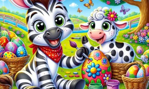 Na środku obrazu mały zebra o dużych uszach, nazwany Puszek, maluje kolorowe pisanki. Ma promienny uśmiech, jego oczy błyszczą radością, a na szyi ma mały czerwony szalik. Jego łapy są pokryte farbą, a w jednej trzyma pędzel. Obok niego jego najlepsza przyjaciółka, czerwona krowa w białe plamy o imieniu Kiki, dekoruje jajko kwiatami. Ma figlarny wyraz twarzy i śmieje się radośnie, jej oczy błyszczą podekscytowaniem. Siedzi na trawie otoczona doniczkami z farbą. Tło stanowi piękna zielona łąka, usiana kolorowymi kwiatami i małymi motylkami. W tle widać duże drzewo z kwitnącymi gałęziami, pod którym stoi duży kosz pełen pisanek. Sytuacja główna pokazuje Puszka i Kiki bawiących się razem, śmiejących się i tworzących kolorowe pisanki, otoczonych pięknem natury, celebrujących radosnego ducha Wielkanocy.