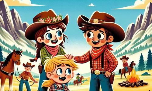 Clara, uma jovem cow-girl de 10 anos, tem longos cabelos castanhos trançados e usa um chapéu de cowboy decorado com flores. Ela sorri entusiasmada, com os olhos brilhando de alegria, enquanto ajuda seu amigo Tom a se levantar após uma queda. Tom, um garoto de 11 anos, tem cabelos loiros bagunçados e veste uma camisa xadrez vermelha. Ele está ao lado de Clara, com um sorriso agradecido no rosto, enquanto se levanta. Jack, outro garoto de 11 anos, tem cabelos castanhos e usa um bandana no pescoço. Ele está um pouco afastado, com os braços cruzados, mas com um olhar amigável, pronto para se juntar a eles. A cena acontece em uma vasta pradaria ensolarada, cercada por montanhas majestosas. O céu é de um azul brilhante, salpicado de algumas nuvens brancas e fofas. Ao longe, uma fogueira crepita, e cowboys e cowgirls riem e dançam ao redor. A situação principal mostra Clara e seus amigos unidos, prontos para participar de uma corrida amigável, ilustrando o espírito de equipe e a amizade, com sorrisos radiantes e uma atmosfera alegre.