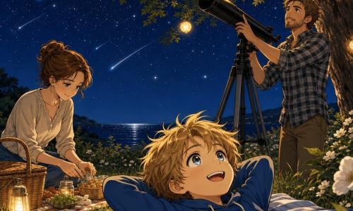 A smiling 10-year-old boy with sandy blond hair lies on a blue-and-white striped blanket watching the night sky as a meteor shower; his mid-30s mother with chestnut hair in a bun prepares snacks at a small cloth near a picnic basket to his left, and his bearded father in a plaid shirt stands by a large oak to his right pointing a black telescope; the small coastal garden has green lawn, large white flowers, yellow paper lanterns hanging from the oak, and a distant dark sea, all bathed in warm lantern glow under a star-filled navy sky streaked with bright shooting stars.