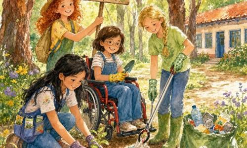 Quatro meninas de cerca de 10 anos: Lara, cabelos castanhos curtos, óculos redondos, sentada numa cadeira de rodas vermelha à esquerda do centro, sorrindo e segurando uma pequena pá; Sofia, cabelos loiros em trança, com camiseta verde-clara e botas de borracha, à direita de Lara apanhando um lixo com uma pinça; Ana, cabelos negros longos, de jardineira azul com bolsos cheios de sementes, agachada à frente plantando uma muda; Júlia, cabelos ruivos encaracolados, com chapéu de palha e mochila bege, atrás de Lara segurando uma placa de madeira com os dizeres Bosque das Amigas. Local: um bosquete iluminado na beira de uma pequena escola, relva verde com flores, trilha de terra e uma pilha de lixo separada num saco reciclado. Situação: as quatro amigas limpam e plantam juntas com ferramentas coloridas (pá, ancinho, luvas), plantando uma pequena muda em clima de tarde ensolarada.