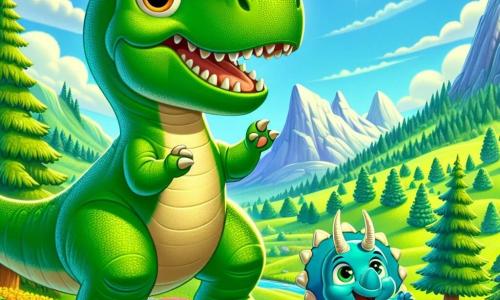Un Tyrannosaurus Rex llamado Tito, con piel verde y escamas brillantes, se encuentra majestuosamente en la cima de una colina, mostrando una expresión alegre y decidida. Tiene grandes ojos redondos y una sonrisa amigable, mientras levanta una pata delantera, como si saludara a sus amigos. A su lado, un pequeño Triceratops llamado Tico, con piel azul y tres cuernos en su frente, salta de alegría, sus ojos brillando de emoción. Un Brachiosaurus llamado Bruno, grande y dulce, se inclina ligeramente para mirarlos, su largo cuello y patas delgadas destacándose contra el cielo azul. La escena se desarrolla en un valle verde, rodeado de majestuosas montañas, con árboles coloridos y flores brillantes que bailan al viento. A lo lejos, un arroyo brilla bajo el sol, añadiendo un toque de magia al entorno. Tito, Tico y Bruno se han reunido para explorar su hermosa montaña, listos para vivir nuevas aventuras juntos, llenos de amistad y alegría.