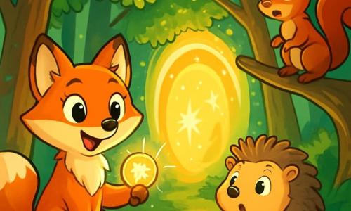 O vulpiță mică cu blană roșie strălucitoare, ochi mari curioși și un zâmbet uimitor, stă în fața unui portal de lumină sclipitoare, ținând o amuletă strălucitoare în lăbuță. Lângă ea, un arici drăguț, cu țepi pufoși și ochi rotunzi, pare surprins și încântat, în timp ce o veveriță jucăușă, cu blana maronie și coada pufoasă, stă pe o ramură, privindu-i cu uimire. Între cei trei se află o pădure magică, cu copaci înalți și frunze strălucitoare, iar razele de soare pătrund prin crengile dense, creând un joc de lumini și umbre pe solul acoperit de mușchi verde. În această scenă, vulpița Nori, ariciul Mico și veverița Lili descoperă un portal strălucitor care îi duce spre o lume plină de aventuri, iar curiozitatea și entuziasmul le luminează fețele.