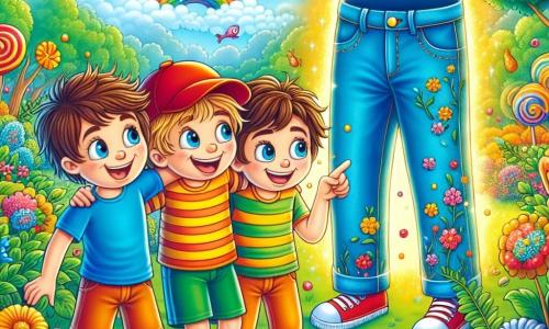 Trei băieți, Andrei (10 ani, cu părul castaniu și un tricou albastru și pantaloni scurți verzi), Alex (9 ani, cu părul blond, purtând o șapcă roșie și un tricou cu dungi) și Radu (10 ani, cu părul șaten, îmbrăcat într-un tricou portocaliu și blugi), stau împreună într-un parc însorit, înconjurați de flori colorate și copaci cu frunze strălucitoare. În centrul imaginii, un pantalon uriaș, Pantalonel, cu modele colorate și aripi strălucitoare, plutește vesel în aer, atrăgând atenția băieților. Parcul este plin de verdeață luxuriantă, cu nori în formă de bomboane într-un cer albastru strălucitor, iar păsările cu pene multicolore cântă vesel. Băieții râd și arată spre Pantalonel, care începe să danseze în aer, în timp ce o lumină aurie luminează scena, creând o atmosferă magică și jucăușă.