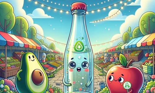 Un pequeño personaje en forma de botella de vidrio, con una sonrisa radiante y ojos brillantes, se encuentra en el centro de la imagen, mirando con curiosidad un jardín colorido lleno de flores y plantas verdes. A su derecha, una manzana roja brillante, con mejillas rosadas y un aire decidido, está de pie en una estantería, hablando con entusiasmo, mientras que a su izquierda, un aguacate verde, de rostro amigable y ojos redondos, observa con una mirada reflexiva, sosteniendo un pequeño cartel de cartón reciclado que dice 