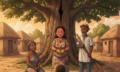 Sali, mulher de ~30 anos, rosto redondo e expressivo, pele cor de terra vermelha, cabelos trançados em coroa, sorri suavemente e estende duas mangas quase idênticas ao centro do círculo. Dona Kena, idosa (~60), pele morena, vestida com pagne, sentada à esquerda numa esteira, observa a manga com surpresa e ternura. Tio Bamba, homem idoso (~65), barba curta grisalha e chapéu simples, em pé à direita com um feixe de ramos, tem a expressão suavizada ao olhar Sali. Um menino de ~8 anos, cabelo crespo curto, olhos brilhantes, sentado em primeiro plano numa esteira, observa curioso com leve sorriso. Um pequeno lagarto verde numa raiz da grande mangueira olha para Sali como em aprovação. Lugar: praça da aldeia sob uma mangueira antiga de tronco largo e fenda, folhas densas filtrando a luz dourada do crepúsculo, esteiras dispostas em círculo e casas de terra com telhado de palha ao fundo. Situação principal: Sali oferece duas mangas idênticas no centro do conselho como gesto de partilha e reconciliação; atmosfera acolhedora ao pôr do sol, cores quentes (ocre, laranja, verde profundo), sombras longas e expressões serenas.