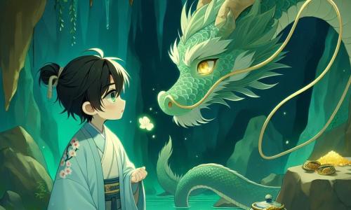 Haruto es un joven de unos 12 años, con cabello negro y ojos llenos de curiosidad. Lleva un kimono tradicional azul claro, adornado con motivos de cerezos en flor, y muestra una expresión de asombro mientras se encuentra frente al majestuoso Dragón de Jade. Este dragón es una criatura impresionante, con escamas brillantes de un verde esmeralda, ojos dorados y largas barbas flotantes. Está enrollado alrededor de una roca, mirando a Haruto con benevolencia, como si estuviera listo para compartir su sabiduría. El lugar es una cueva oculta en la cima de una montaña, iluminada por una suave luz verde que se refleja en las paredes rocosas. Tesoros olvidados, como monedas de oro y joyas brillantes, están esparcidos a su alrededor, creando una atmósfera mágica. La escena principal muestra a Haruto, asombrado, acercándose al Dragón de Jade, que se prepara para transmitirle lecciones de sabiduría, mientras la luz verde envuelve la escena, añadiendo un toque de misterio y magia.
