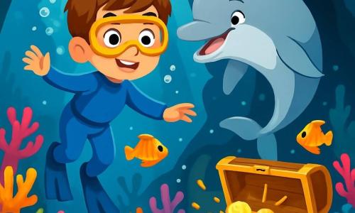 Un niño de 8 años, llamado Pablo, con cabello castaño y ojos llenos de curiosidad, nada alegremente bajo el agua, su traje de buceo azul brilla a la luz. Su rostro expresa asombro y alegría mientras explora un fascinante mundo submarino. A su lado, Luna, una delfín graciosa, tiene una piel suave y plateada, y sonríe mientras juega con Pablo, animándolo a descubrir las maravillas del océano. Ella hace piruetas a su alrededor, creando salpicaduras de agua. El escenario es un hermoso arrecife de coral, lleno de corales coloridos en tonos vivos de rosa, naranja y violeta, donde peces tropicales de colores brillantes nadan en armonía. Rayos de luz filtran a través de la superficie del agua, iluminando el paisaje submarino. La situación principal muestra a Pablo y Luna explorando juntos un tesoro escondido en el fondo de una cueva submarina, rodeados de conchas brillantes y piedras preciosas, mientras burbujas de aire flotan a su alrededor, añadiendo un toque de magia a su aventura.