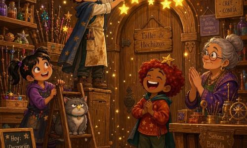 Leo, aprendiz de mago de 10 años, tímido pero sonriente, cabello castaño claro despeinado, ojos avellana, con pequeña capa azul y delantal manchado, sube a una caja de madera para colgar una guirnalda de estrellas; Mina, ~10 años, cabello negro en coletas y mirada traviesa, sujeta la escalera lista para ayudar; Tomás, ~10 años, pelirrojo y risueño, lleva una pequeña estrella sobre la cabeza como sombrero junto a la puerta; la señora Brújula, mujer de unos 60 años con moño gris y gafas redondas, observa orgullosa detrás de un banco de trabajo; un gato gris y regordete está en el primer peldaño con una estrella en la nariz; taller cálido de madera con estanterías de varitas, frascos de ingredientes, virutas doradas en el suelo, guirnaldas y una lámpara que emite luz amarilla; momento festivo: Leo cuelga la guirnalda sobre la puerta, las estrellas brillan suavemente, algunas virutas se levantan como pequeños pollitos dorados danzantes y los amigos aplauden en una atmósfera alegre y encantada.