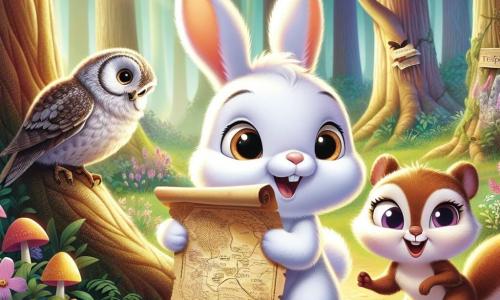 Un pequeño conejo llamado Nilo, con un pelaje suave y sedoso de color blanco, grandes orejas erguidas y ojos brillantes de curiosidad, se encuentra en el centro de la imagen, sosteniendo un viejo trozo de papel en forma de mapa, con una sonrisa de emoción en su rostro. A su derecha, una ardilla viva y traviesa, Luna, con pelaje marrón y una cola esponjosa, trepa por una rama, con los ojos brillantes de entusiasmo, lista para unirse a Nilo en la aventura. A la izquierda, un sabio búho llamado Tito, con plumas grises y gafas redondas, está posado en una rama, observando atentamente a los dos amigos con una expresión benevolente y una ligera sonrisa, listo para guiarlos. El escenario es un hermoso parque del Bosque Encantado, lleno de grandes árboles con troncos retorcidos, flores coloridas que bailan al viento y un suave rayo de sol filtrándose a través de las hojas, creando una atmósfera mágica. La situación principal muestra a Nilo descubriendo un misterioso tesoro, un viejo cofre de madera cubierto de musgo, rodeado de piedras, mientras está a punto de abrirlo con sus amigos, todos ansiosos por descubrir lo que contiene.