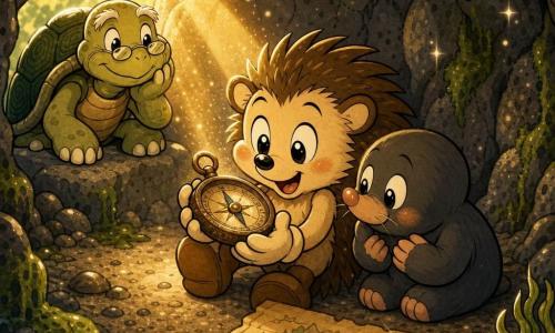 Ein kleiner anthropomorpher Igel (Kind) namens Finn, erstaunt und mit glänzenden runden Augen und geröteten Wangen, hellbraunes Fell mit deutlich gezeichneten Spitzen, hält vorsichtig eine rostige Kompassuhr in seinen Pfoten und lächelt schüchtern, daneben eine rundliche, neugierige und leicht zitternde Maulwurf-Kleinfigur mit weichem grauem Fell kuschelt sich an ihn und blickt ebenfalls auf den Kompass; eine alte Schildkröte (Marta) mit strukturierter grüner Panzerung und weisen Augen sitzt am Eingang der kleinen, einladenden Höhle auf einem Stein und beobachtet wohlwollend, die Höhle hat gesprenkelte Steinwände, grüne Moosbüschel, Algen und feinen Sand, eine kleine Öffnung lässt goldenes Licht herein; am Boden liegt eine alte, aufgerollte Karte aus vergilbtem Papier mit einfachen Zeichnungen und einer metallischen Nadel, Lichtstrahlen und schwebender Staub erzeugen eine warme Entdeckungsstimmung in warmen Gelb-, Grün- und Brauntönen, klare Texturen, sanfte Formen, zentrierte Komposition, verspielter, weicher Stil mit dicken Linien und beruhigenden Lächeln.