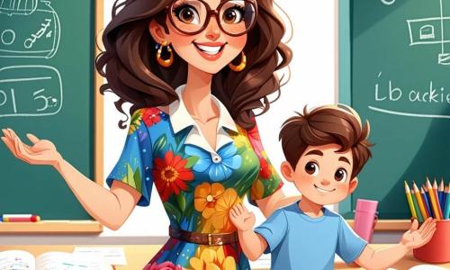 Mevrouw Van Dijk is een glimlachende leerkracht van een jaar of veertig, met krullend bruin haar en ronde bril. Ze draagt een kleurrijke jurk met bloemenpatronen en staat in het midden van haar klas met open armen, met een enthousiaste en trotse uitdrukking op haar gezicht terwijl ze het project van de klas presenteert. Tim, een jongen van 10 jaar, staat naast haar met glanzende ogen van opwinding. Hij heeft rommelig blond haar en draagt een groene t-shirt met een bosmotief. Hij houdt een diorama van een bosje vast, met een kleine schors en een houten ladder, terwijl hij trots glimlacht. Het klaslokaal is licht en uitnodigend, met muren versierd met kindertekeningen, posters van dieren en planten, en houten tafels vol kleurrijke projecten. Zonnestralen filteren door de ramen en verlichten de ruimte. De belangrijkste situatie toont Mevrouw Van Dijk en Tim die hun projecten presenteren tijdens een schooltentoonstelling, omringd door bewonderende klasgenoten en ouders, wat een vrolijke en feestelijke sfeer creëert.