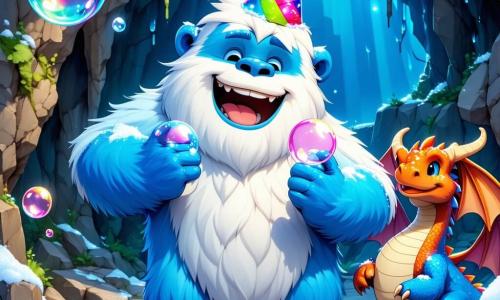 Un yeti alegre y peludo, con un pelaje blanco como la nieve y ojos chispeantes de travesura, se encuentra en el centro de la escena, riendo a carcajadas. Lleva un sombrero de fiesta colorido y sostiene una gran burbuja de jabón en sus manos, listo para hacerla estallar. A su lado, un dragón simpático con escamas multicolores, grandes ojos redondos y una sonrisa cálida, sopla burbujas de chicle que flotan a su alrededor. La escena ocurre en una cueva mágica, con paredes brillantes de colores vivos, donde destellos de luz bailan en las paredes. Estalactitas en forma de caramelos cuelgan del techo, y el suelo está cubierto de hojas doradas y flores brillantes. La situación principal muestra al yeti y al dragón contando historias divertidas a un grupo de animales graciosos: un zorro con gafas, un mapache bailarín y un ratón pequeño en tutú, todos riendo y aplaudiendo, creando una atmósfera festiva y alegre.