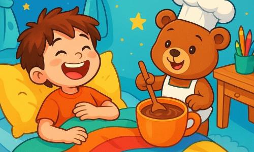Un ragazzo di 6 anni, con i capelli castani in disordine e gli occhi pieni di curiosità, è sdraiato su un letto con lenzuola multicolori. Ride di gusto, le sue guance rosa e il suo sorriso luminoso illuminano il suo viso. Accanto a lui, il suo orsetto di peluche, vestito con un piccolo grembiule da chef, mescola allegramente una grande tazza di cioccolata calda, i suoi occhi brillanti di malizia. La scena si svolge in una camera magica, con le pareti dipinte di azzurro e decorate con stelle dorate che brillano. Il pavimento è coperto da un morbido tappeto, come una nuvola. Le tende fluttuano dolcemente, come ali di farfalla, e un piccolo scrittoio in legno è pieno di pastelli colorati. In questa situazione principale, il letto inizia a muoversi, facendo salti gioiosi, mentre il ragazzo scoppia a ridere, meravigliato da questa avventura notturna. Le lenzuola si animano e il cuscino, saltellando, canta una dolce melodia.