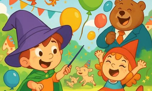 A 6-year-old boy named Marvin, wearing a large purple hat that falls over his sparkling mischievous eyes, is at the center of the image. He has a shiny green cape trailing behind him and an enthusiastic smile, his cheeks flushed with excitement. Next to him, Gilda, a little gnome girl with curly hair and a colorful dress, jumps for joy with her arms raised to the sky. She has a radiant face and bright, round eyes. In the background, Mayor Bear, a large bear in a suit, laughs heartily, surrounded by colorful balloons floating around him. The scene takes place in a lively square in Bumblebrook, adorned with bright garlands and singing flowers. Tiny dragons zigzag through the air, leaving behind sparkling glitter. In the distance, giggle-goats in party hats frolic joyfully, adding a touch of whimsy to the festive atmosphere. The main situation shows Marvin trying to make the balloons float with his magic wand, but instead, the balloons fly in all directions, causing laughter and joy among the Bumblebrook residents.