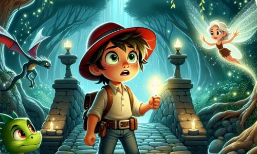 Un niño de 8 años, Nico, con ojos llenos de curiosidad y una gorra roja, se encuentra en el centro de la imagen, sosteniendo un cristal brillante en sus manos. Su rostro expresa gran determinación y asombro, mientras está en un antiguo puente rodeado de criaturas mágicas. A su derecha, un pequeño dragón llamado Fuego, con escamas verdes y ojos brillantes, juega con una pequeña bola de fuego, admirando a Nico. A su izquierda, un hada de alas brillantes, vestida con un vestido de pétalos de flores, sonríe animándolo. El lugar es un puente de piedra viejo y desgastado que cruza un arroyo resplandeciente, con árboles de hojas luminosas a lo largo del camino y sombras misteriosas danzando a su alrededor, creando una atmósfera mágica. La situación principal muestra a Nico, listo para enfrentar una sombra amenazante al otro lado del puente, mientras la luz del cristal ilumina su rostro, revelando su valentía ante lo desconocido.