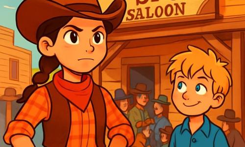 A young cowgirl, Rosa, stands proudly in front of the Grand Spur Saloon. She has brown hair in a braid, a cowboy hat on her head, and wears a red plaid shirt and a leather vest. Her face shows determination and boldness, with her eyes sparkling with courage. Next to her, Sam, a 12-year-old boy with messy blond hair and a mischievous smile, watches the scene with curiosity. He wears a blue shirt and canvas pants, with his hands in his jean pockets. In the background, the Grand Spur Saloon is a warm-colored wooden building with shuttered windows and a carved wooden sign. Cowboys and villagers gather around, creating a lively and festive atmosphere. Rosa, determined to stop a cheater from ruining the poker tournament, scans the crowd vigilantly, ready to act to protect her aunt and the saloon.