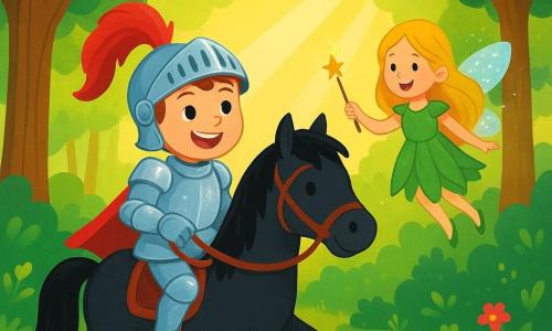 Un giovane cavaliere di nome Sir Leo, un ragazzo di circa 10 anni, indossa un'armatura brillante che scintilla al sole. Il suo volto esprime eccitazione e determinazione, con occhi vivaci e un ampio sorriso. È a cavallo di un cavallo nero dai crini setosi, che avanza con sicurezza in una foresta incantata. Vicino a lui, una piccola fata con ali scintillanti, di circa 8 anni, vola attorno a lui. Ha lunghi capelli dorati e indossa un vestito verde fatto di foglie. Sorride e indica una direzione con il suo bastone magico, guidando Sir Leo verso la Spada Magica. Il luogo è una foresta densa, con alberi maestosi e foglie di un verde brillante. I raggi di sole filtrano attraverso il fogliame, creando macchie luminose sul terreno coperto di fiori colorati e muschio morbido. La scena principale mostra Sir Leo che avanza coraggiosamente, pronto a scoprire il cammino verso la Spada Magica, mentre la fata lo incoraggia con entusiasmo.